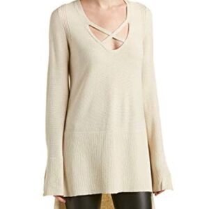 Free People Crisscross Sweater Tunic Oatmeal Cream Tan w/ Side Slits, Size Small